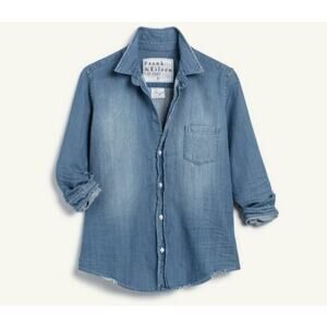 Frank & Eileen Womens XS Barry Distressed Blue Denim Button Up Shirt Preppy